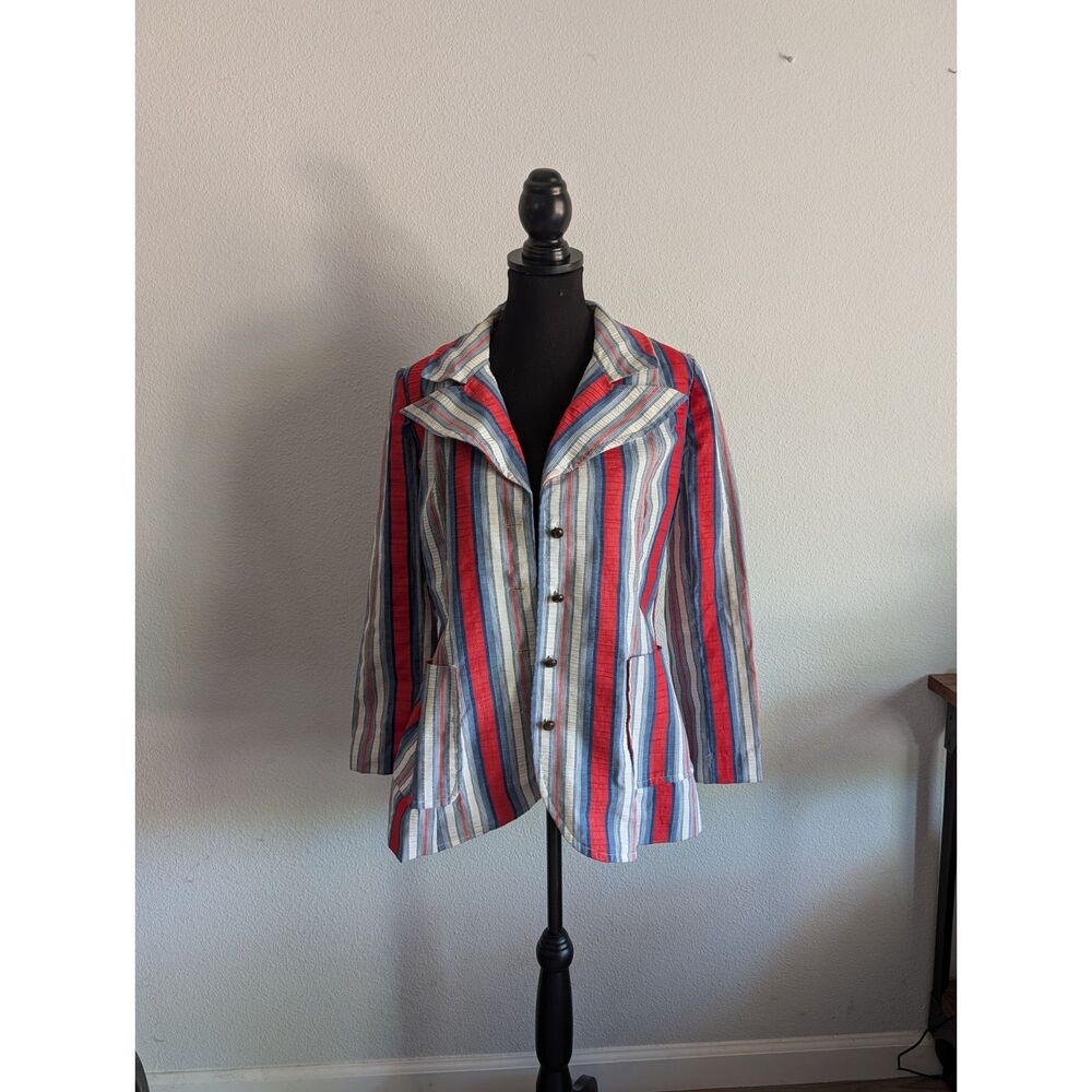 Wayne Rogers Striped Button Front Jacket Blazer Women's Medium Red Blue Vintage